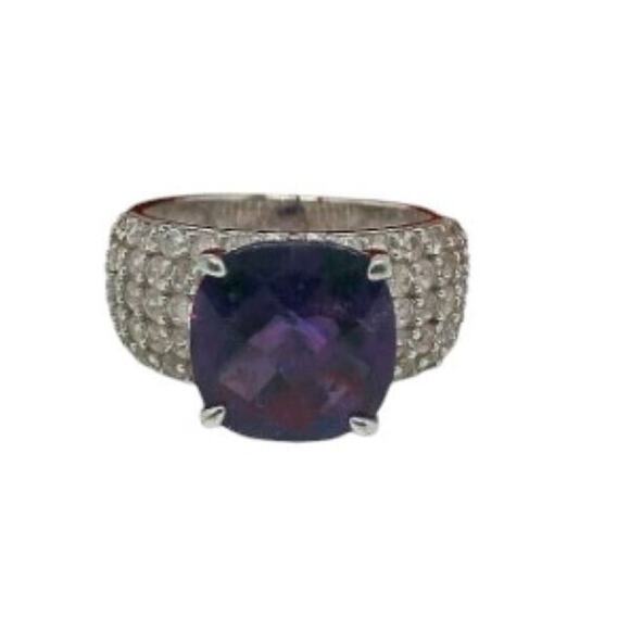 925 Sterling Silver KJC Amethyst and Rhinestone Women's Ring Size 7 Cocktail - Picture 2 of 7
